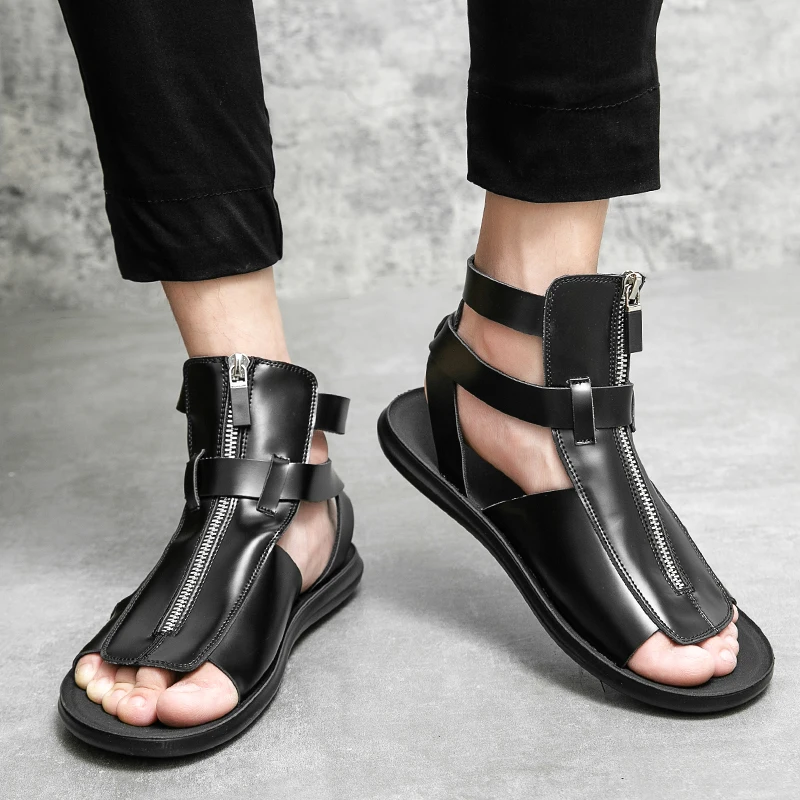 

Мужские сандалии с высоким верхом, черные универсальные римские сандалии из искусственной кожи, на шнуровке, на молнии, повседневная обувь, ...