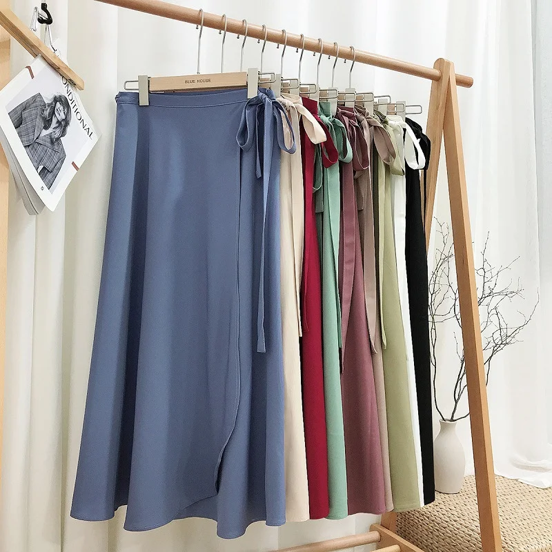 

Treutoyeu Long Black Lace Up Polyester Skirts for Womens Spring Summer White High Waist Chiffon One Piece Skirt Korean Style