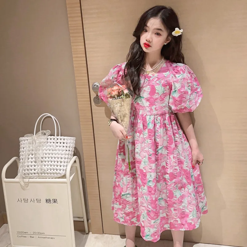 

Летнее модное платье для девочек с цветочным принтом, розовое платье принцессы с пышными рукавами для детей 10-12 лет, повседневная детская од...