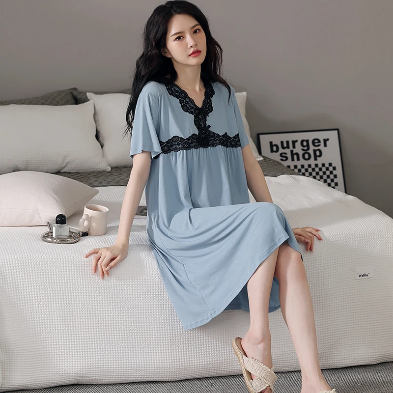 

Women Modal Nightdress Lace V-Neck Sleep Dress Short Sleeve Sleepshirt Sexy Nightshirt Nightgown Sleepwear Big Yards Home Dress