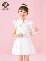 a21 girls casual dress 2022 summer new cotton chic chinese knot button stand up collar lotus leaf short sleeved a swing dresses