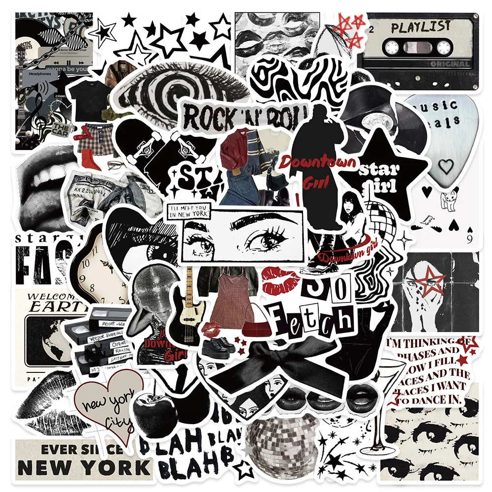 

50 шт. Ретро-наклеек Y2K Черно-белого цвета для девочек