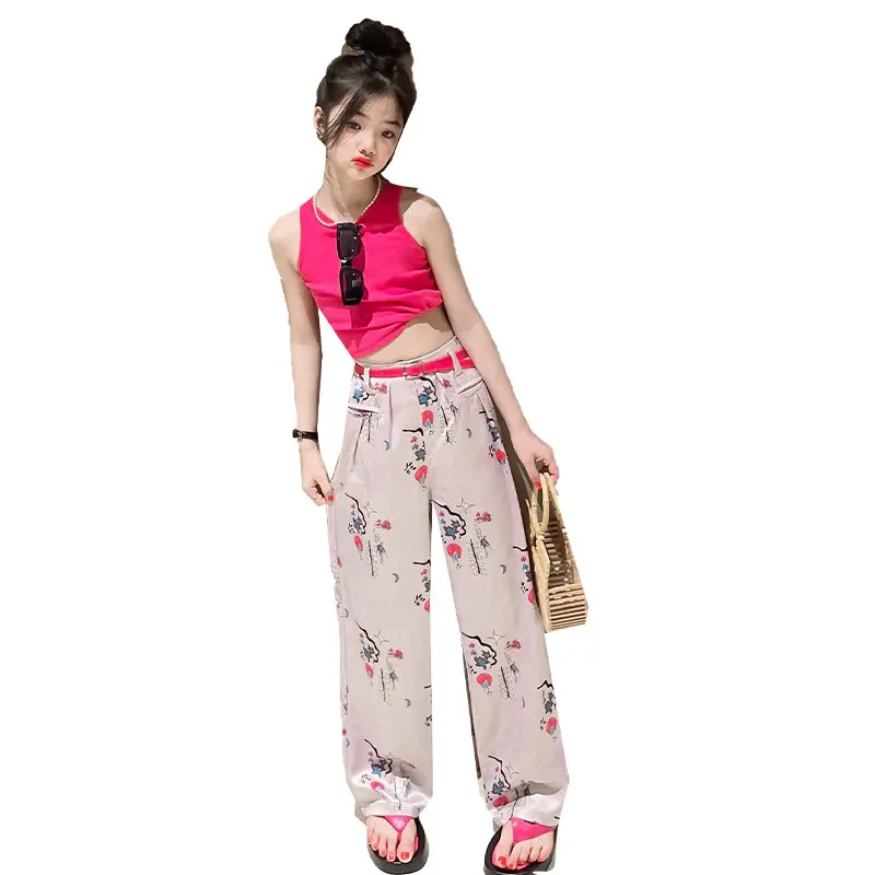 

Young Girls Costume 2023 Summer Vest + Floral Wide Pants with Free Belt Two Pieces Children Clothes Set Fashion Teen Kids Outfit