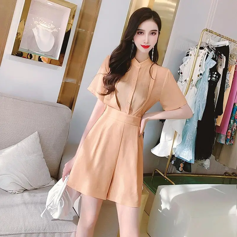 

Women 2022 Summer New Fashion Slim Short Jumpsuit Female Solid Sleeve Wide Leg Rompers Office Lady Elegant Casual Playsuit F36