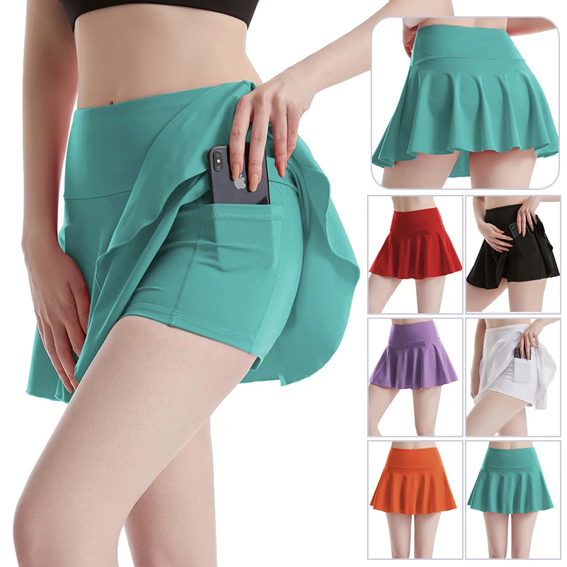 

Women's Tennis Culottes New Golf Dance Solid Color Sports Skirt Lined Anti-Exposure Cheerleader Shorts Running Yoga Sportswear