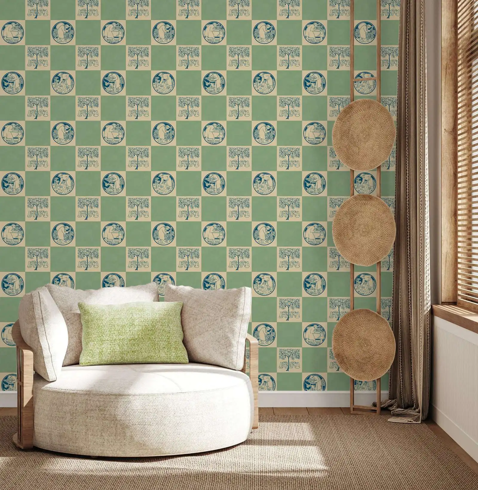 Фото Jadeite Green And Blue Peel and Stick Wallpaper,Green Grid Traditional Non Woven Wallpaper For Wall Art ,Custom Colors and Size №4