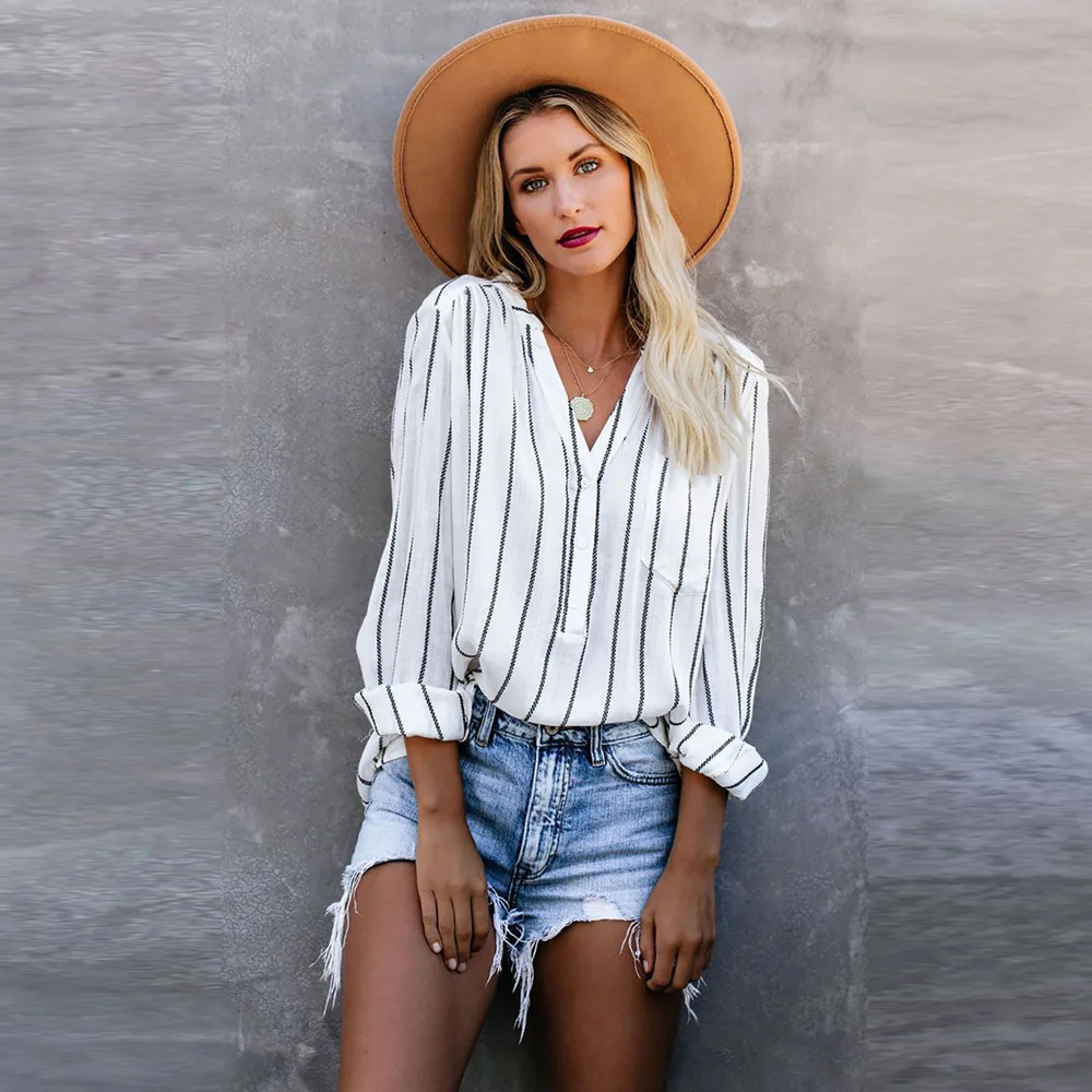 

Ropa Mujer Verano 2022 Ladies Quality Striped Shirt Loose Single Breasted Long Sleeve Tops 5 Colors 5 Yards Women Shirts Blouses
