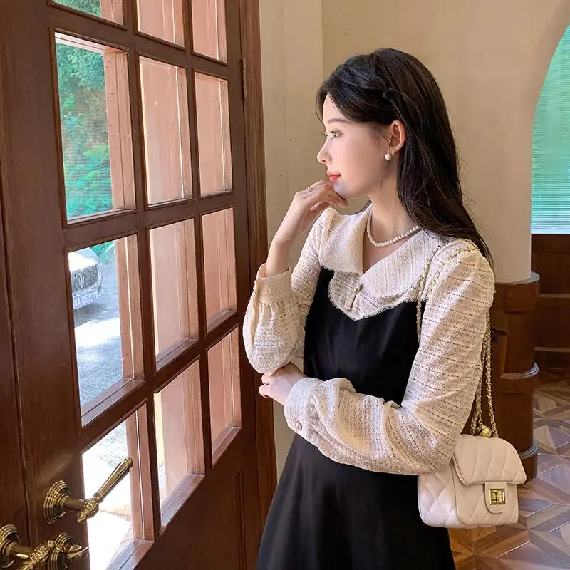 

Fashion All Match Mid Long Women Dresses For Autumn Hollow Out Lace Long Sleeve Bodycon Feminino Patchwork Fake Two Piece Suit