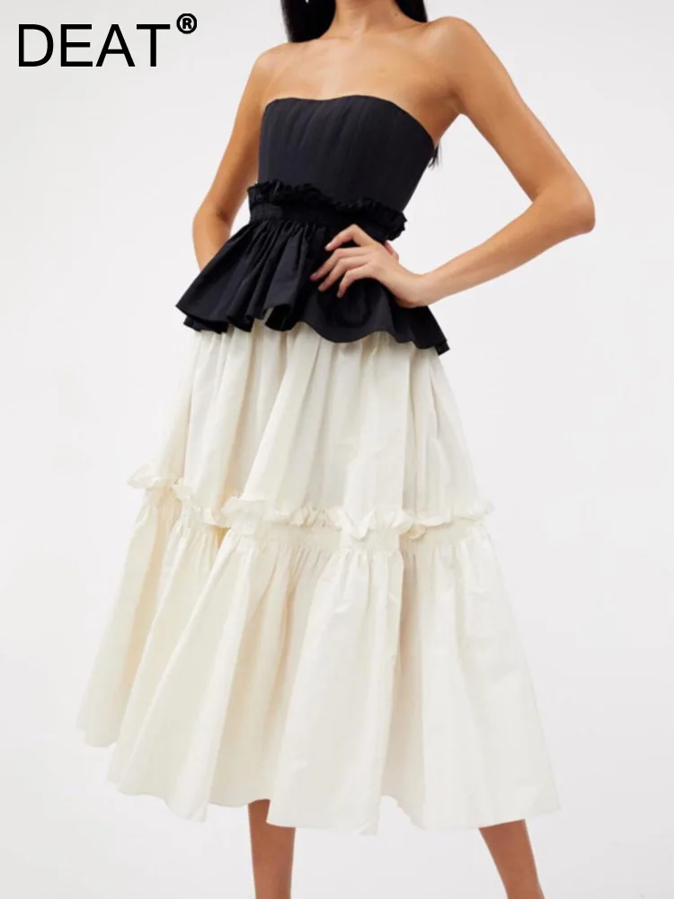 

[DEAT] Women Patchwork Ruffles Pleated Temperament Dress New Strapless Sleeveless Loose Fit Fashion Autumn Summer 2022 13S116