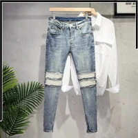 summer new mens jeans nine point pants korean version of the slim double zipper youth foot elastic casual nine point pants