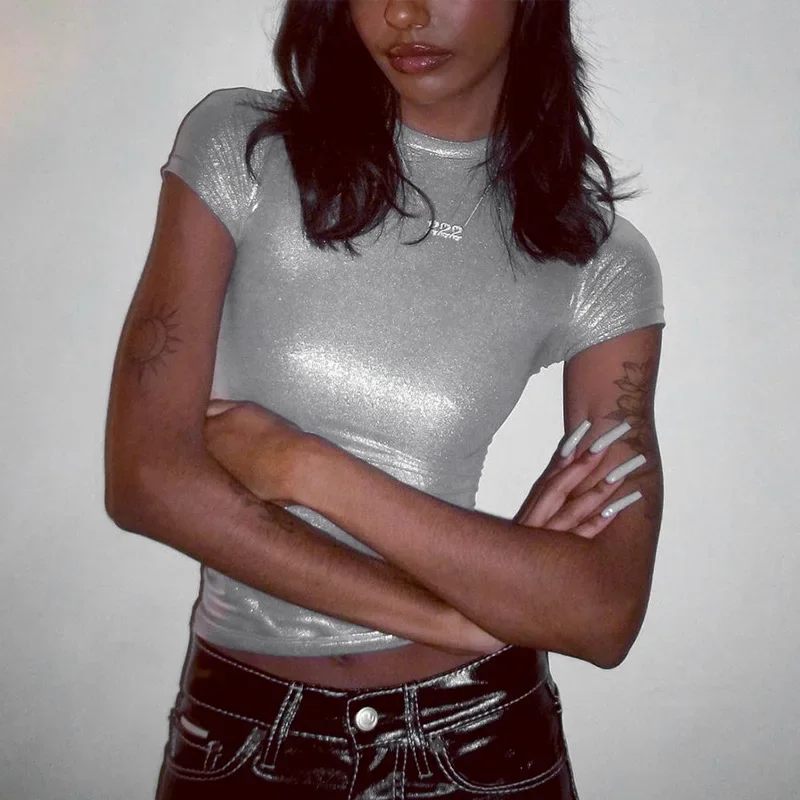 

Woman Short Sleeve metallic Crop T-shirt Solid Color O Neck Casual PU Crop T-shirt 2Color S-L