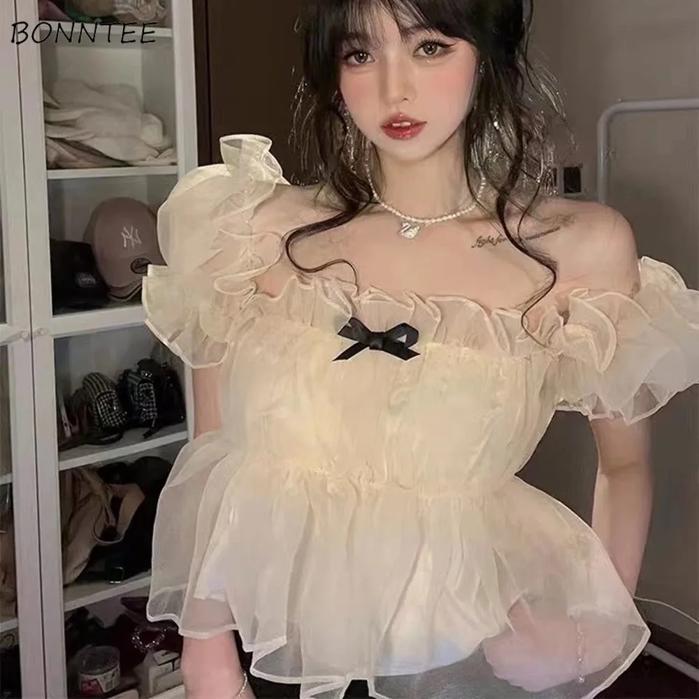 

Sweet Ruffles Blouses Women Puff Sleeve Slash Neck Fashion Lovely Cropped Slim All-match Princess Elegant Korean Style Young Ins