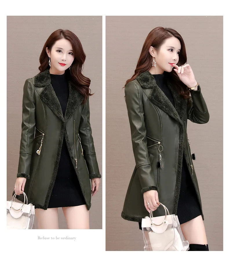 Women Faux Leather Windbreaker Plus Velvet Thick PU Leather Woollen Overcoat V Collar Large Size Fashion Warm Leather Jacket