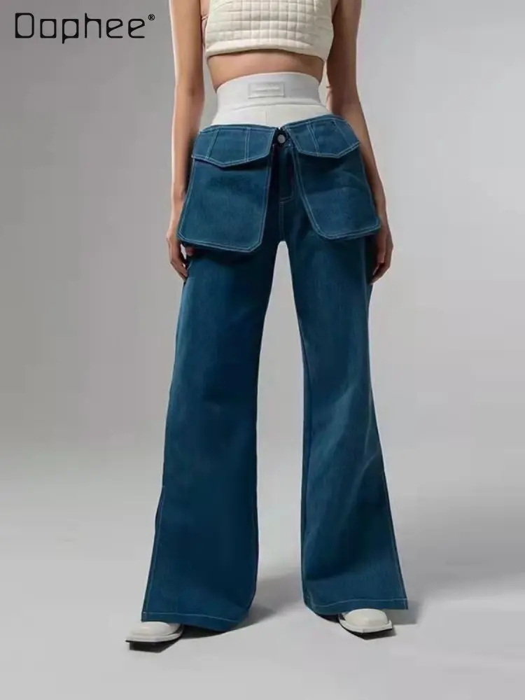 

Autumn and Winter Detachable Three-Dimensional Pocket Denim Pant Mid-Low Waist Straight-Leg Pants Casual Jeans Two-Piece Set