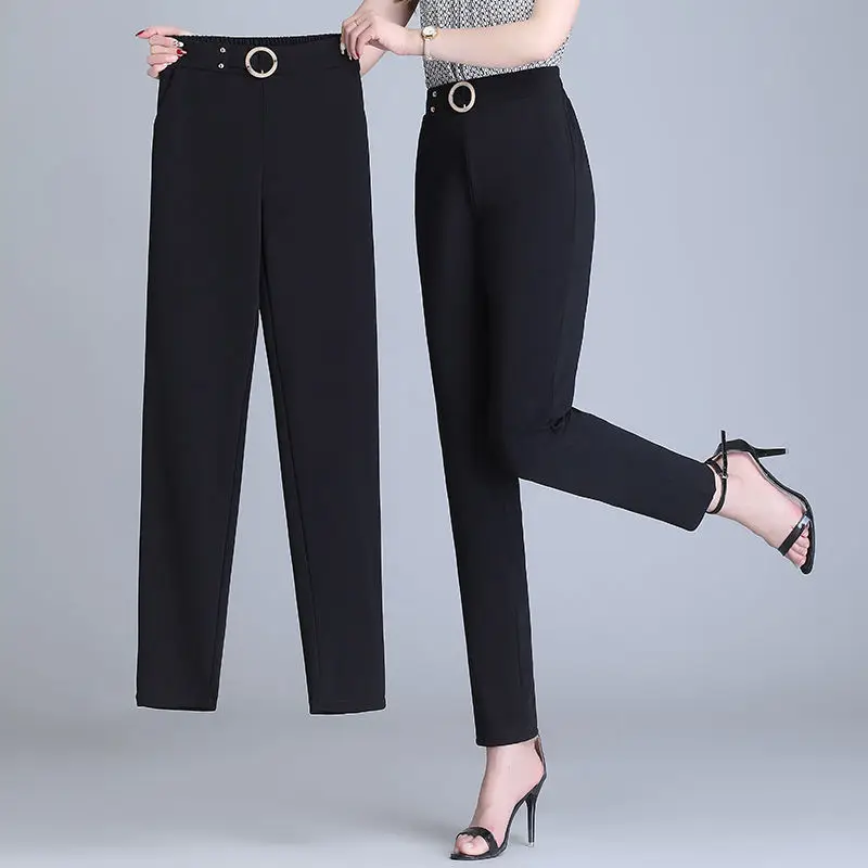 

Office Lady Elegant Solid Straight Pants Spring Autumn Women Pockets High Waist 4XL Korean Female Fashion Pencil Trousers 2022