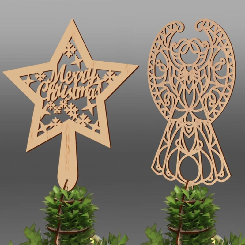 

2Pcs/Set Christmas Tree Hollow Out Wooden Star Angel Hanging Treetop Ornament with Taper Sleeve Xmas Home Party