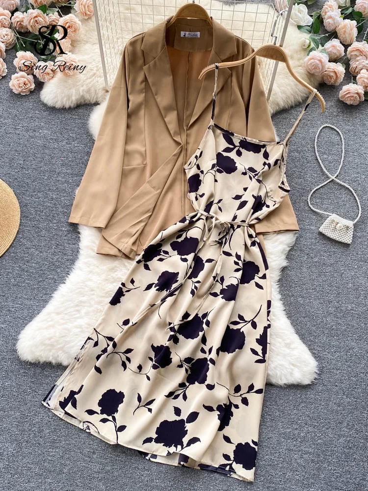 

LIRUICHENG Autumn Women Floral Dress Suits Print Strap Dress+ Long Sleeves Loose Blazer Sets Office Lady Jackets Two Pieces