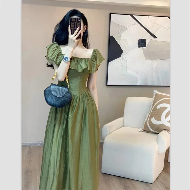 

Женское облегающее платье-миди во французском стиле, зеленое винтажное платье-трапеция с оборками и квадратным вырезом, корейский стиль, на...