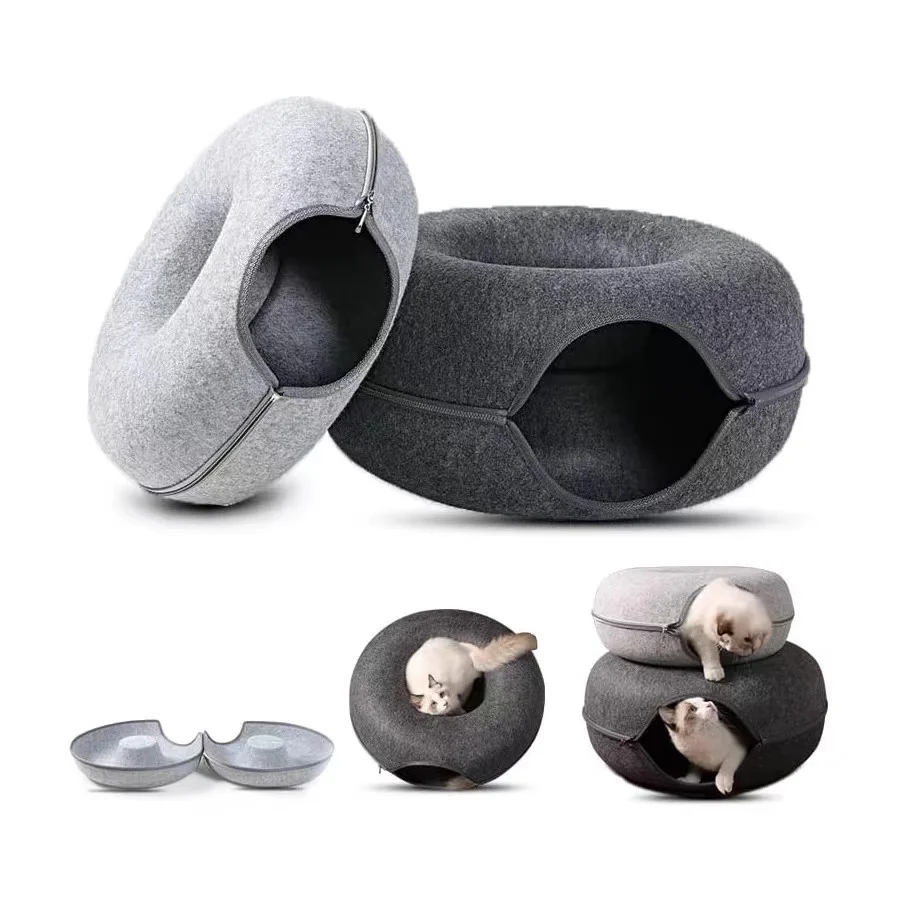 

LEEDOAR Pet Cat Cave Beds Nest Funny Roun Felted Cat Nest with Zipper Pet Seasonal Felt Litter Donut Round Tunnel Litter Warm