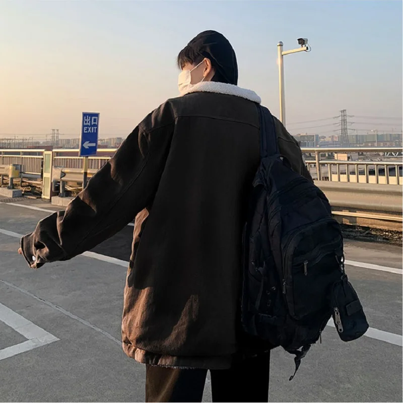 Men's Simple Faux Lamb Cashmere Tooling Jacket Thick Casual Loose Japanese Winter Coats  Outdoor Harajuku Mens Clothing