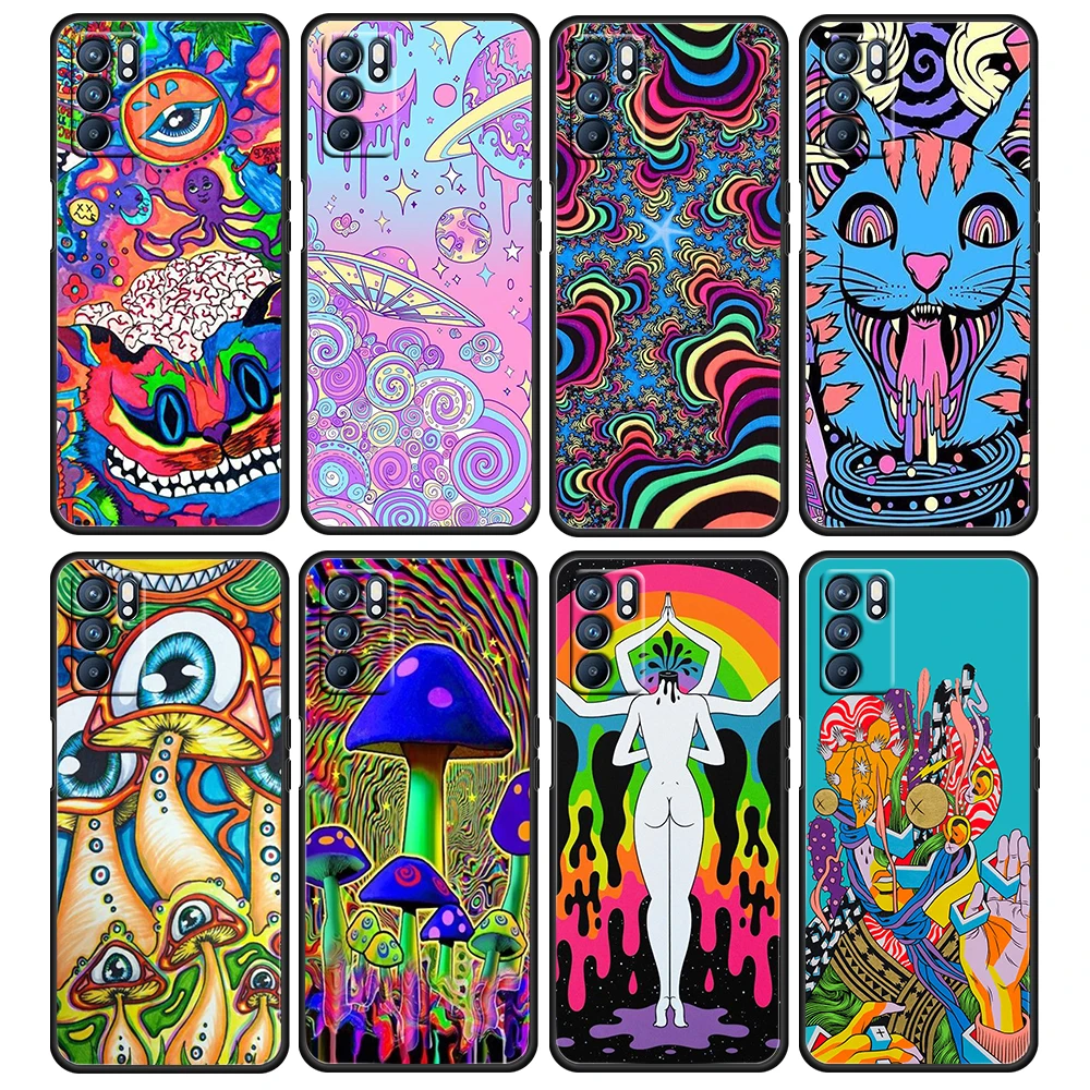 

Colourful Psychedelic Trippy Art For OPPO Reno 6 5 4 3 2 2Z 2F Z 4F 4SE 4Z 4G 5G Pro Plus Lite Silicone Black Phone Case Cover