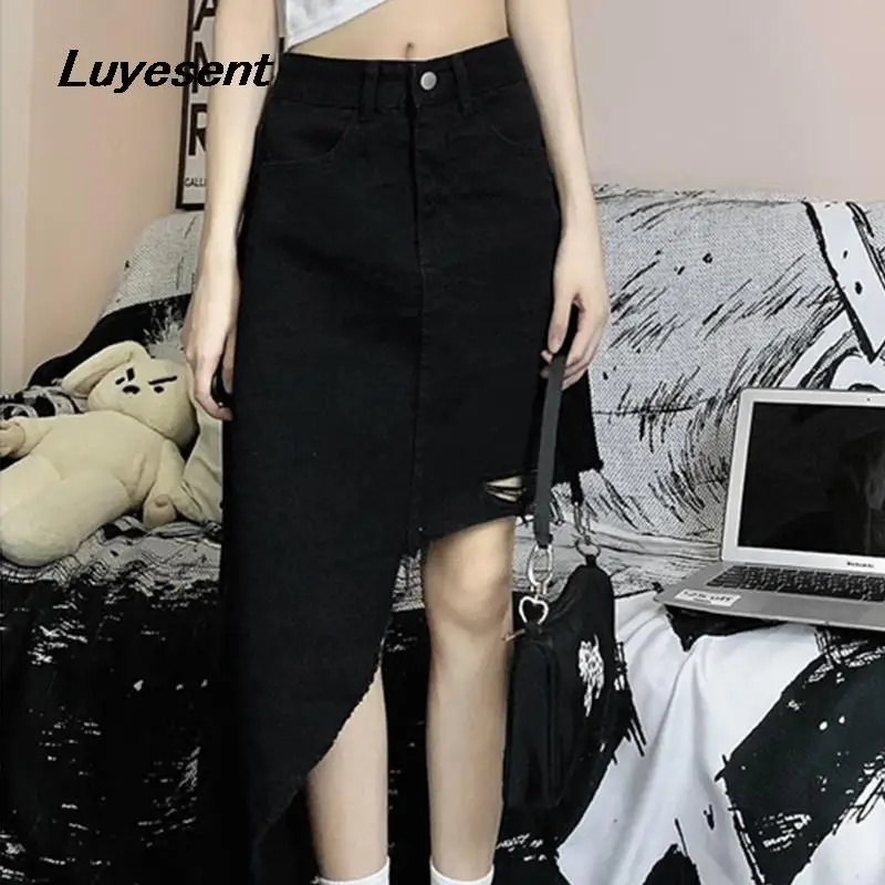 

Black Gothic Female Button Fly Irregular Denim Skirt Dark Goth Lady Empire Ripped Hollow Slim Skirts Harajuku Punk Korean A-line