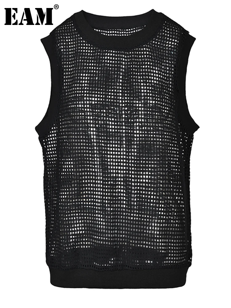 

[EAM] Women Black Hollow Out Thin Casual Tank Tops New Round Neck Sleeveless Personality Fashion Tide Spring Summer 2023 1DF8371