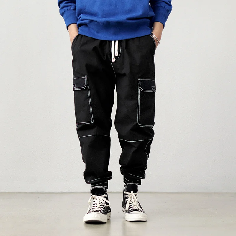 

Тонкие микро-эластичные длинные штаны для отдыха трендовые штаны со шнурком с несколькими карманами с открытой нитью японские Свободные Шт...