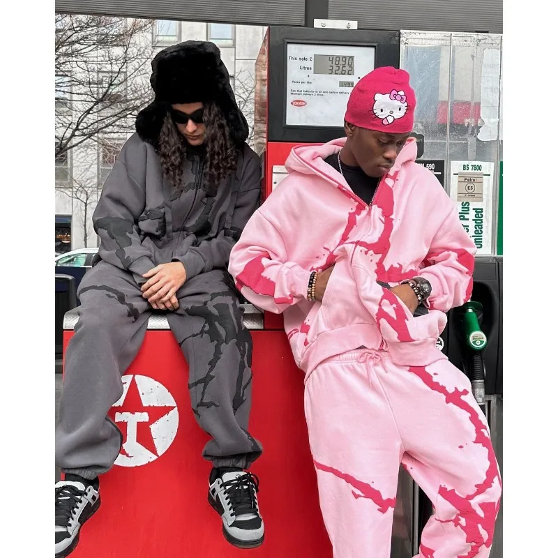 

Комплект спортивной одежды RDMQ Y2K для женщин, уличная одежда, Свободные мешковатые толстовки с принтом для фитнеса, свитшот, штаны для бега, костюм для пар, 2 шт.