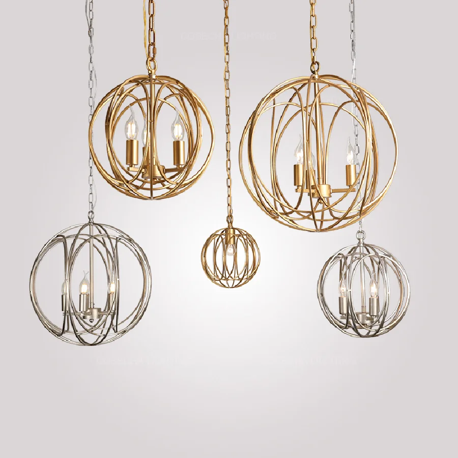 

Globe Cage Chandeliers Round Metal Suspension Lights Sphere Golden Hanging Lustre Loft Nordic Kitchen Lamp European Modern Light