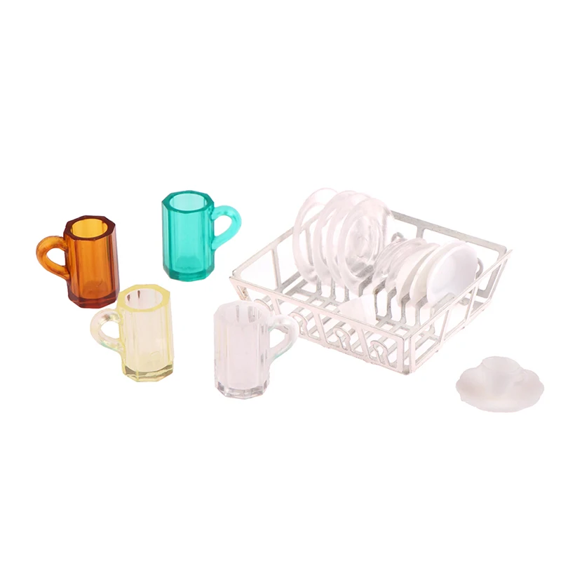 

1Set 1:12 Dollhouse Miniature Cup Beer Mug Cup Plate Dish Rack Kitchen Model Decor Toy Doll House Accessories