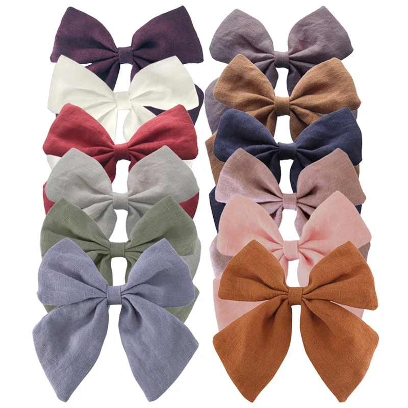 12 PCS Original Linen Bow Hair Clips for Baby Girls Toddler Kids Women Hair Bow Nylon Headbands