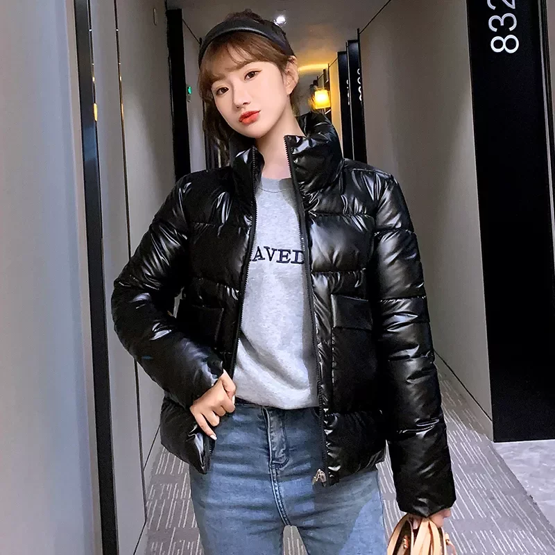 Collar Women's Winter Puffer  Jacket Long Sleeve Pockets Ladies Slim Parkas Solid Glossy Thick Padded Coat for Female