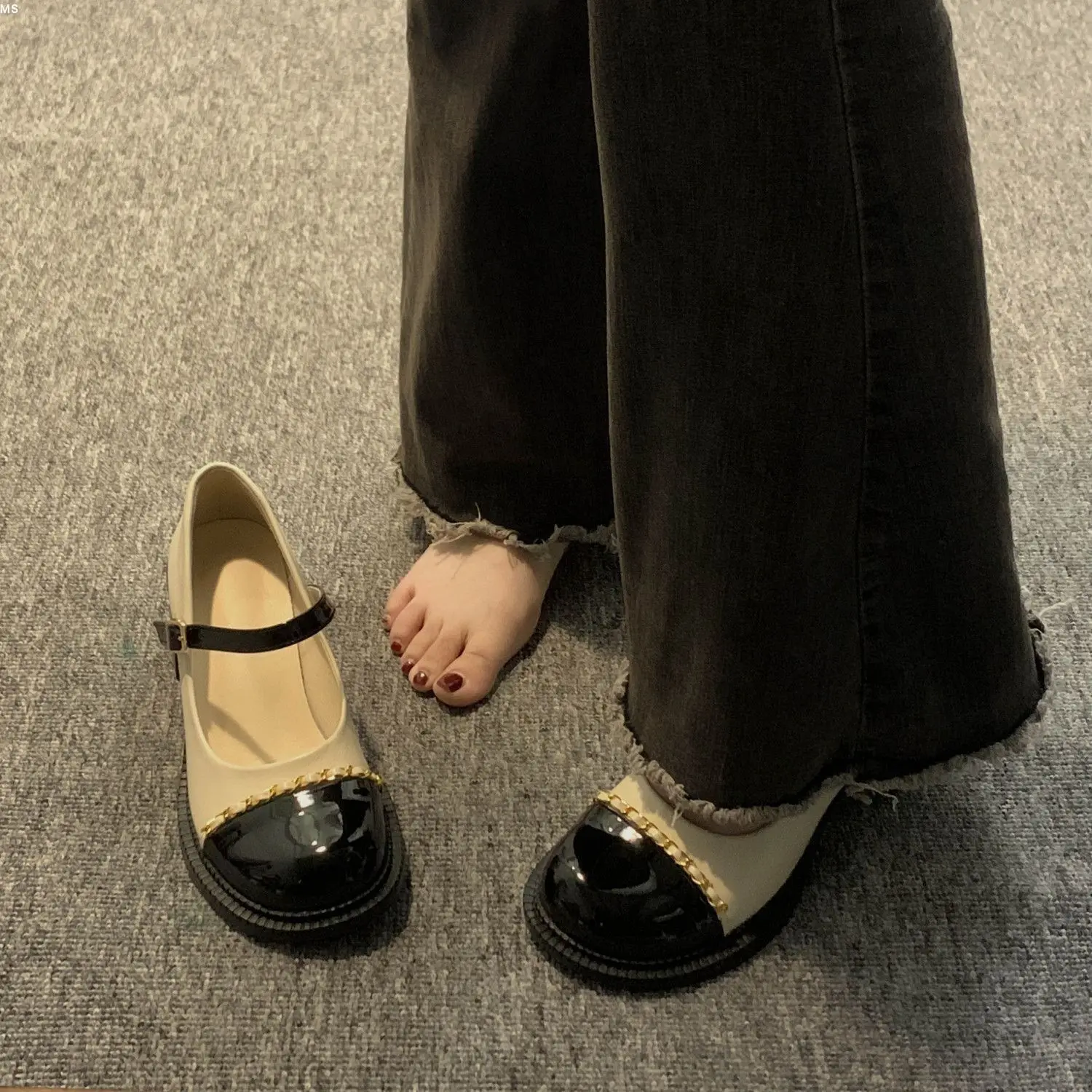 Women's Summer Footwear on Heeled Round Toe Shoes for Woman 2023 Gothic Mary Jane Pumps High Heels Normal Leather Casual Black a