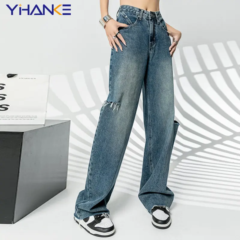 

Autumn New High Street Blue Hole Design Jeans Women's High Waist American Straight Fashion Retro Mopping Wide Leg Pants Y2K