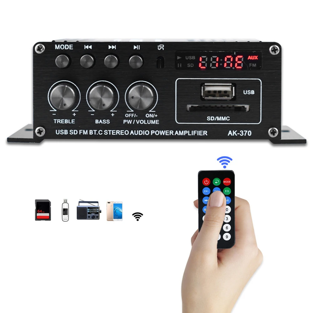 Фото AK-370 Bluetooth-совместимый усилитель мощности 20Вт+20Вт, усилитель мощности DC 12В, автомобильный музыкальный сабвуфер, мини HIFI стереоусилитель с USB OTG входом №4