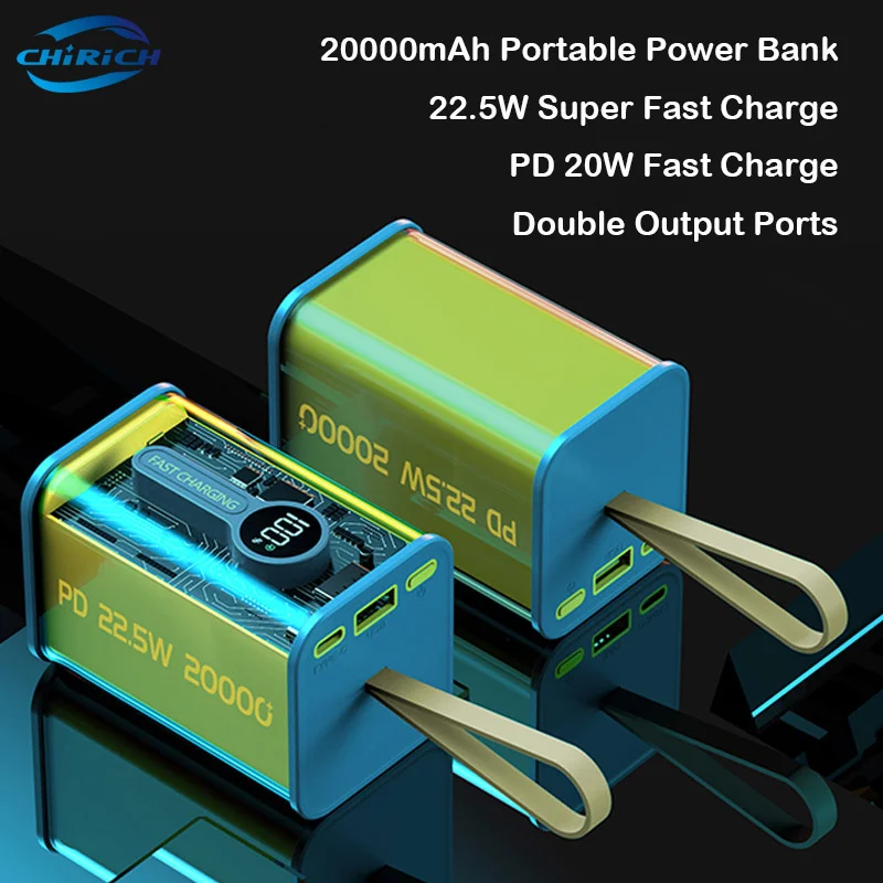 

20000mAh Power Bank Transparent Mini Powerbank 22.5W Fast Charging Portable External Spare Battery Pack for iPhone Xiaomi