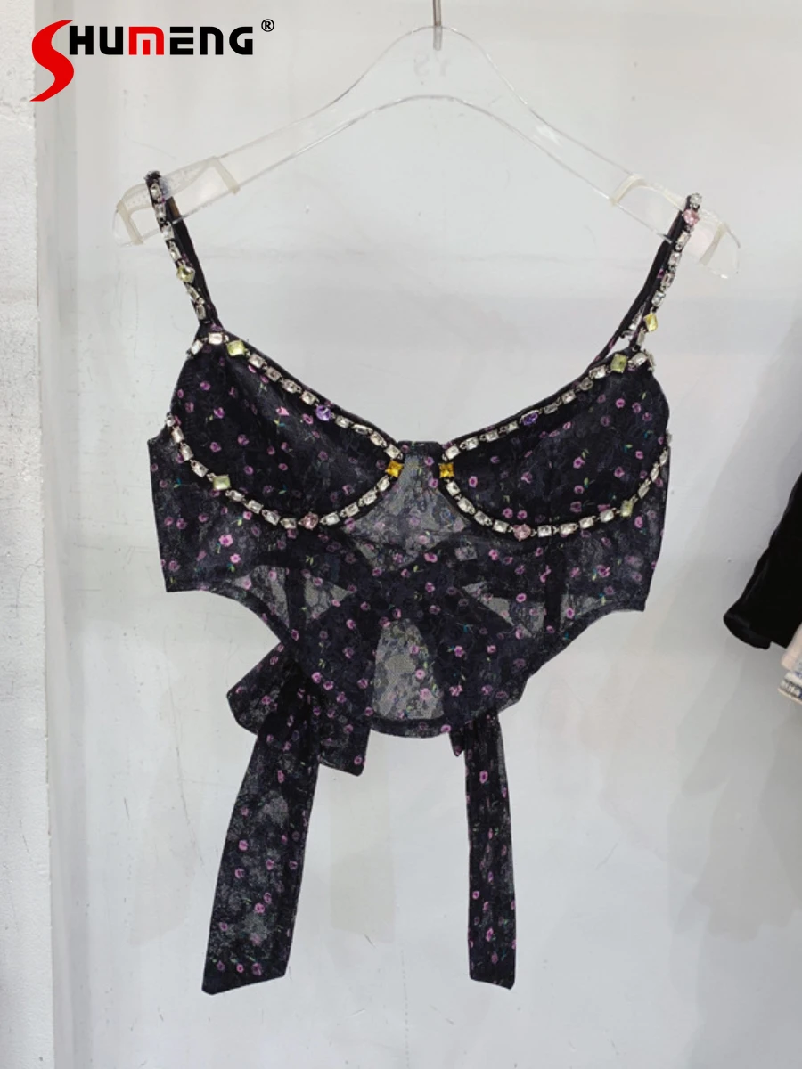 

Heavy Rhinestone Graceful Bow Camis Women Sexy Polka Dot Slim Fit Inner Wear Floral Vest Top Beach Vacation Nightclub Vest 2022