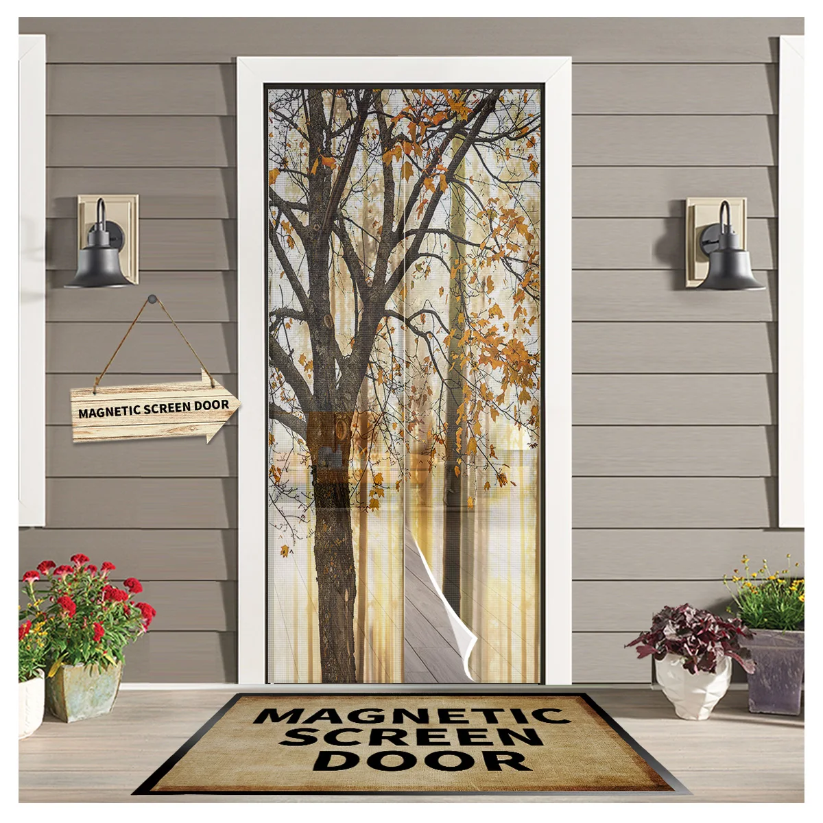 

Autumn Tree Yellow Fallen Leaves Magnetic Gauze Door Window Screen Anti Mosquito Insect Net Door Curtain Room Divider Screens