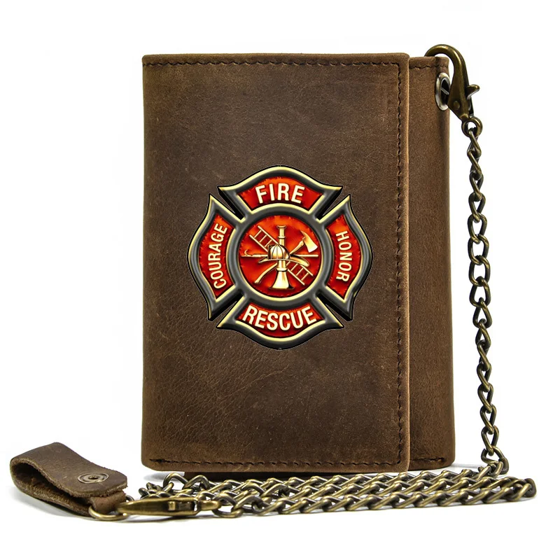 

High Quality Men Genuine Leather Wallet Anti Theft Hasp With Iron Chain Fire Rescue Courage Honor Cover Card Holder Short Purse