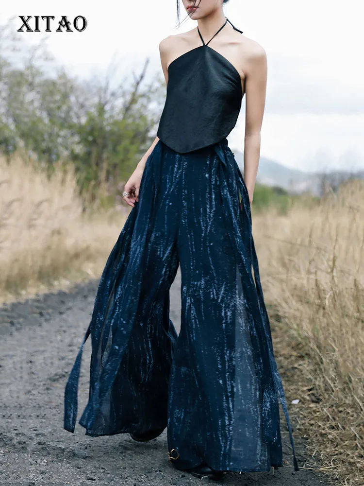 

XITAO Vintage Wide Leg Pants Fashion Drawstring Striped Elastic Waist Women Minority Pleated 2022 Full Length Pants WLD7612