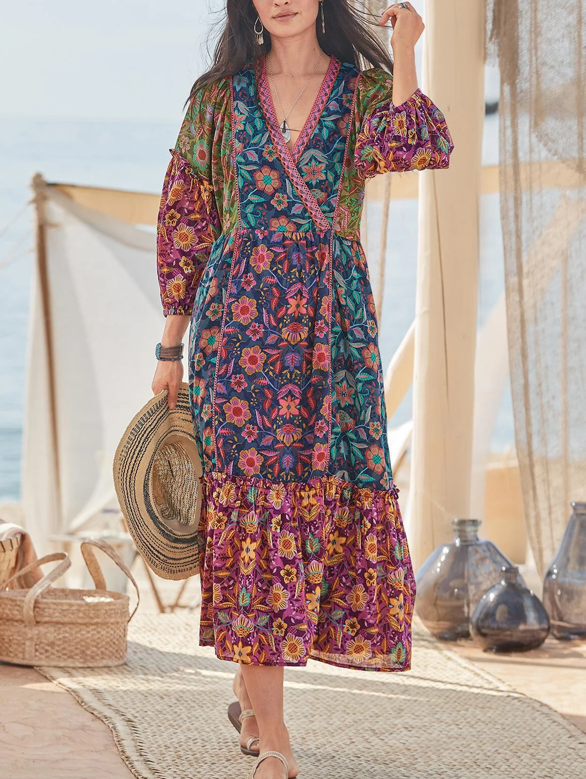 

Women Romantic Boho Slant Neck Floral Panel Dress Elegant Lady Fashion Long Sleeve Dress Holiday Beach Maxi Dress Femme
