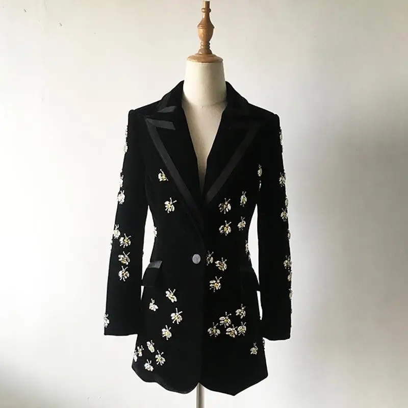 

Brand Novelty Runway Handmade Bees Beading Blazers Notched High Street Women Velvet Long Qaulity Trend Blazer Oversize 3Xl