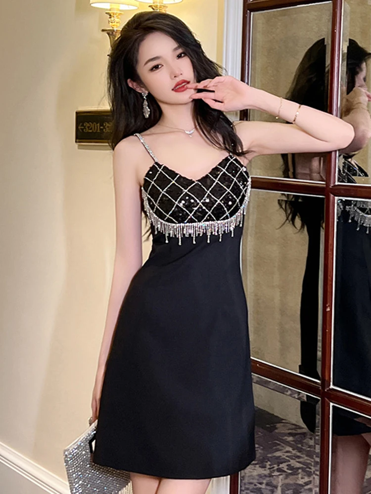 

Summer Evening Short Dress Women Elegant Luxury Chic Sequin Sexy Strap Slim Mini Dresses Party Club Gown Birthday Mujer Vestidos