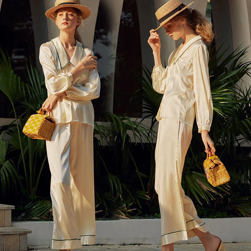 luxury women's pajamas set solid turn down collar ladies satin sleepwear spring summer silk pijama suit homewear for female