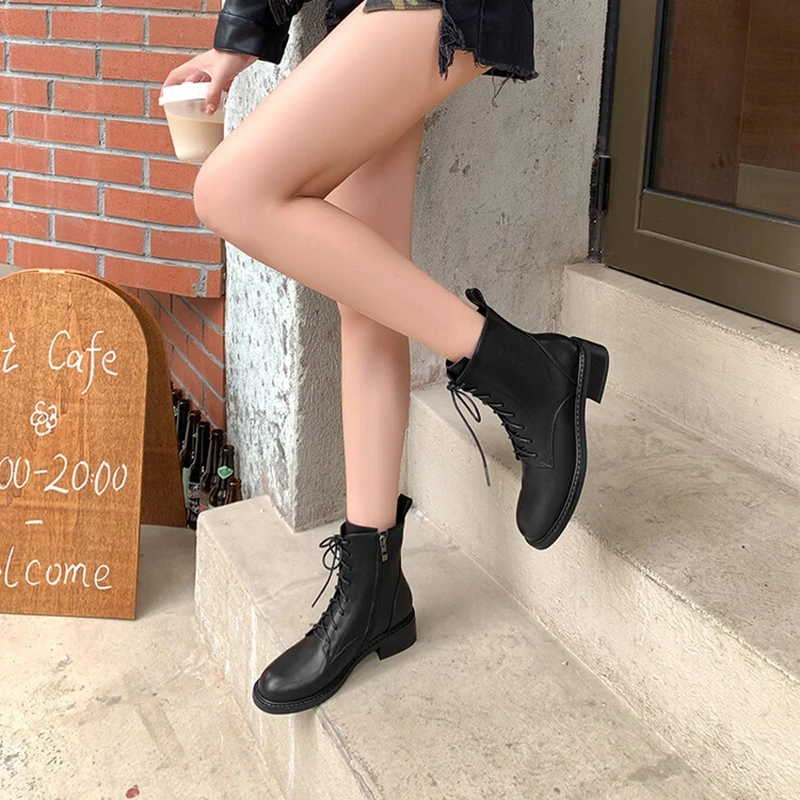 NEW Fall Shoes Women Split Leather Boots Round Toe Chunky Heel Women Boots Winter Solid Lace-up Ankle Boots Western Boots Women