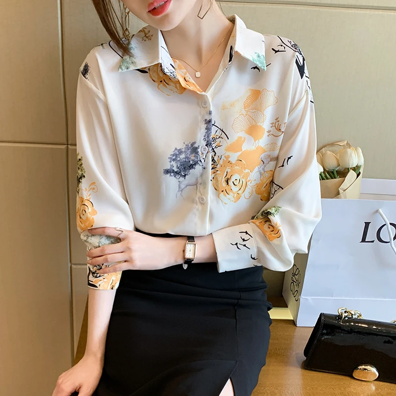 

Женская блузка в стиле инстаграма, нежная просторная офисная рубашка с длинным рукавом и принтом, корейская модная рубашка на пуговицах, ве...