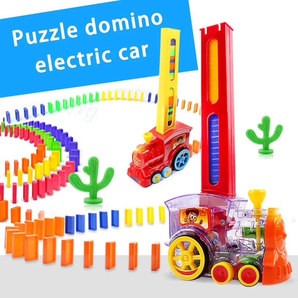 Dominos Train Set Automatic Dominos Blocks Drop Electric Train Bee Cow Train For Children Birthday Gifts