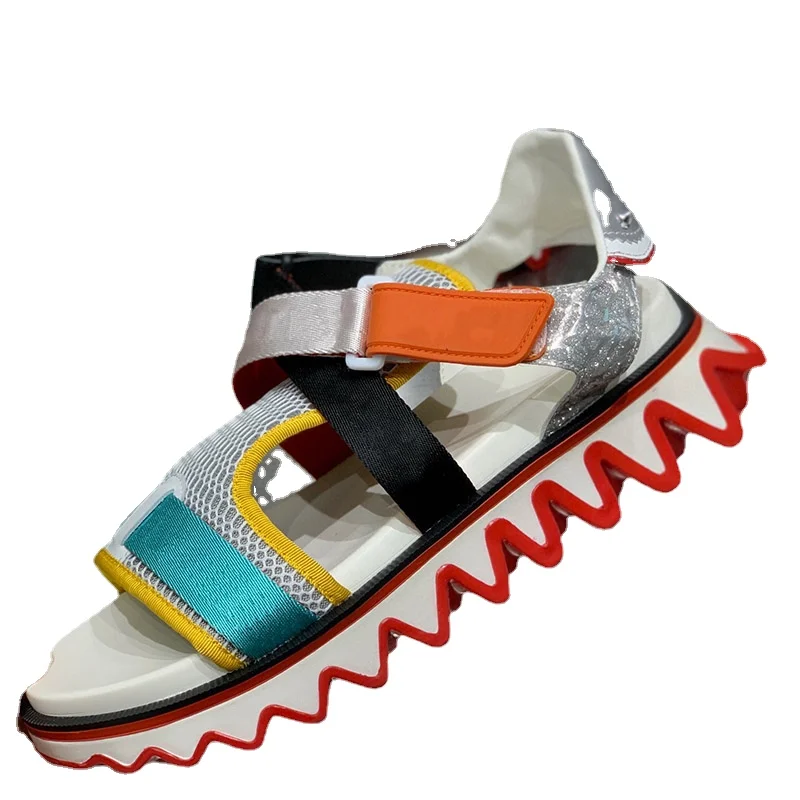 

Summer Personality Design Couple Shoes Mixed Colors Magic Tape Mesh Shark Bottom Casual Shoes Fashion Comfortable Sandals