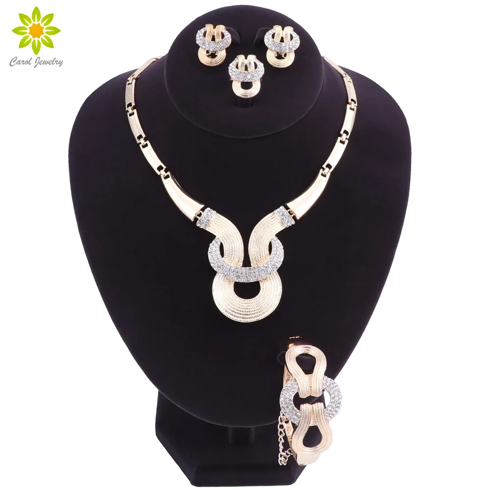 Fashion Wedding Dubai Africa Nigeria African Jewelry Set Gold-color Crystal Necklace Earrings Romantic Women Bridal Sets | Украшения и